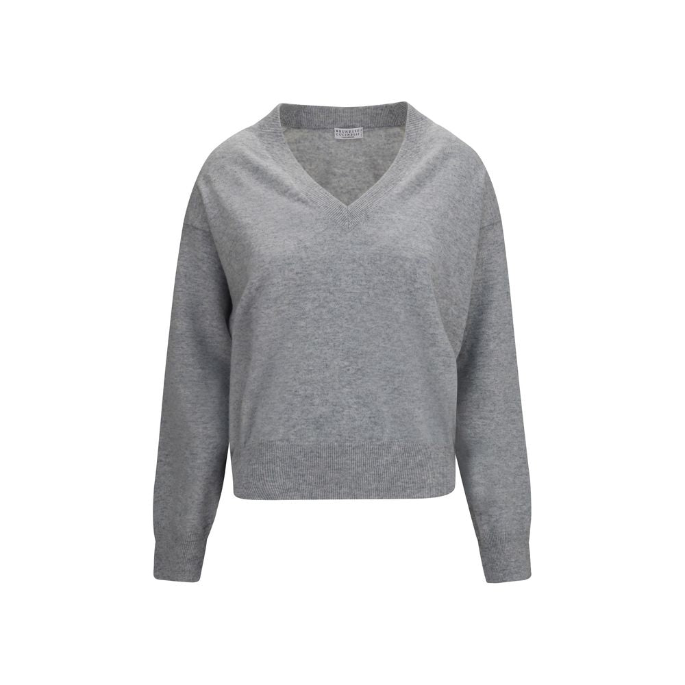 Sweater by Brunello Cucinelli for women in cashmere & capra leather gray features an tactile silhouette, showcasing a sophisticated v-neck neckline and tactile long-sleeve for a refined finish.