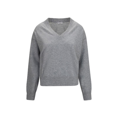 Sweater by Brunello Cucinelli for women in cashmere & capra leather gray features an tactile silhouette, showcasing a sophisticated v-neck neckline and tactile long-sleeve for a refined finish.