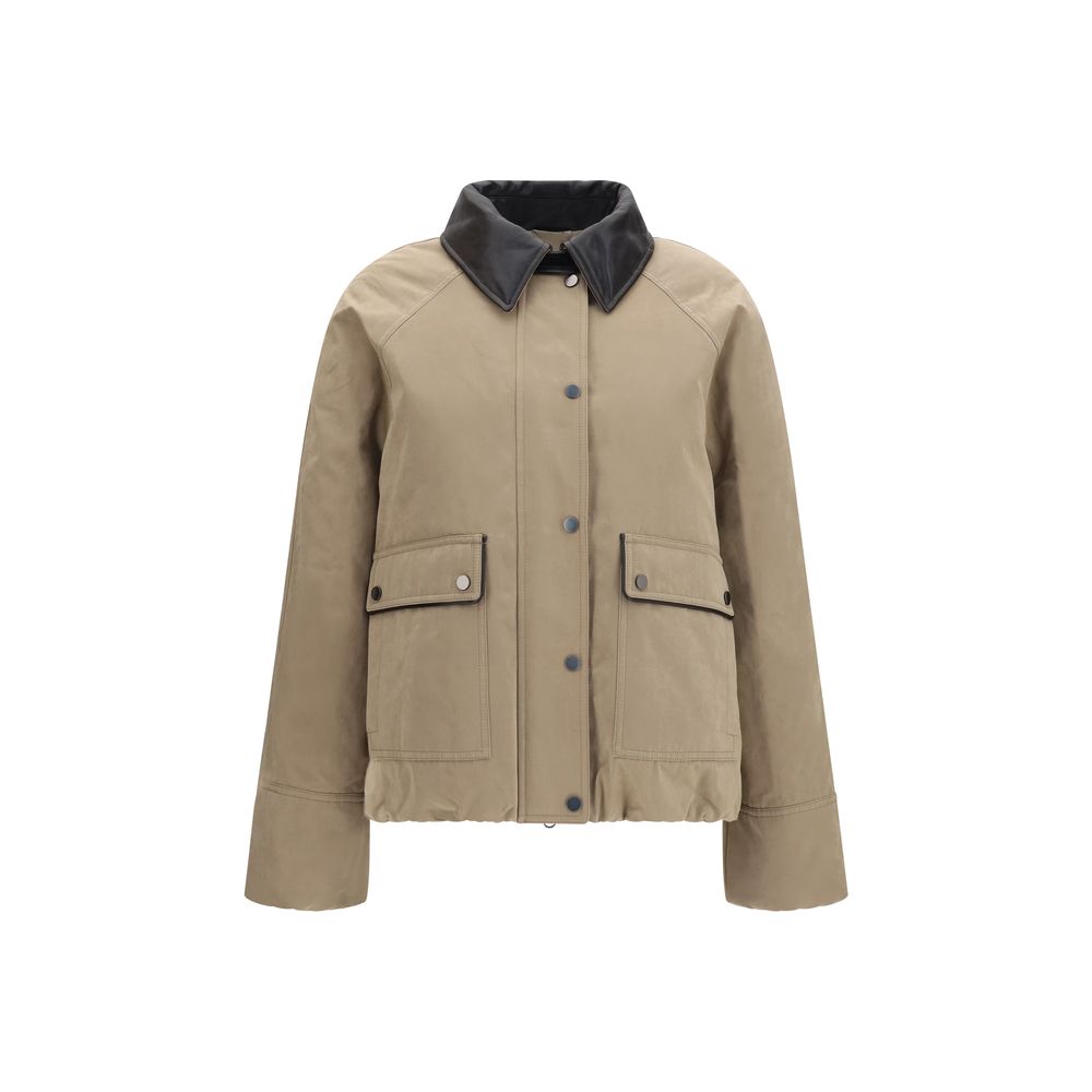 Puffer Jacket by Brunello Cucinelli for women in polyamide polyester leather & cotton beige features a city-ready silhouette, detailed with pockets & insulated and a city-ready lapel neckline.