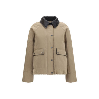 Puffer Jacket by Brunello Cucinelli for women in polyamide polyester leather & cotton beige features a city-ready silhouette, detailed with pockets & insulated and a city-ready lapel neckline.