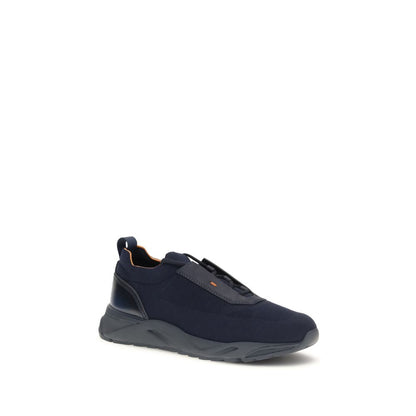 Athletic Sneakers by Santoni for men in nubuck leather blue & orange presents a sleek silhouette, perfectly capturing the slip-on style essence of Men's Slip On Nubuck Leather Athletic Sneakers with its sleek design and premium finish.