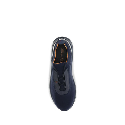 Athletic Sneakers by Santoni for men in nubuck leather blue & orange features an exquisite silhouette, showcasing the premium slip-on style of the Men's Slip On Nubuck Leather Athletic Sneakers with an exquisite finish.