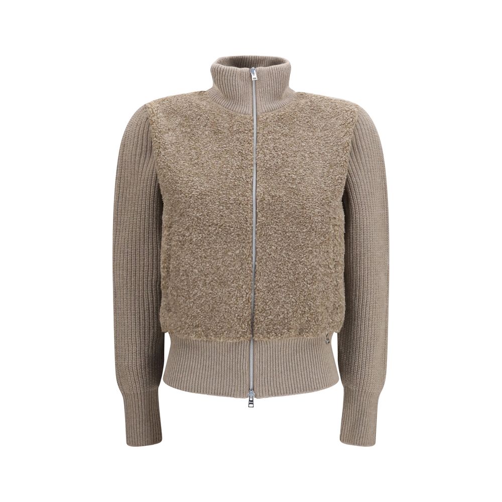 Cardigan by Herno for women in merino wool beige features a nuanced silhouette with a refined high-collar neckline and nuanced long-sleeve detailing for a sophisticated look.