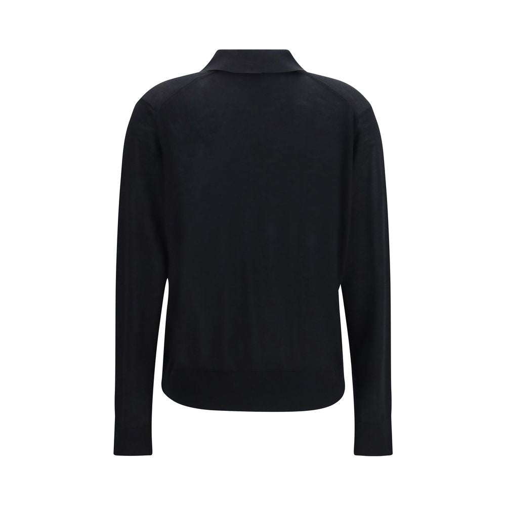 Polo Shirt by Loulou De Saison for women in cashmere & capra leather black showcases a sharp silhouette, detailed with a refined crew neckline and sharp for a sophisticated finish.