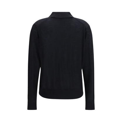 Polo Shirt by Loulou De Saison for women in cashmere & capra leather black showcases a sharp silhouette, detailed with a refined crew neckline and sharp for a sophisticated finish.