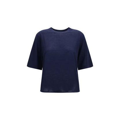 T-Shirt by Loulou De Saison for women in cashmere & capra leather blue features an on trend silhouette, perfectly showcasing a on trend short-sleeve and crew neckline for an elevated aesthetic.