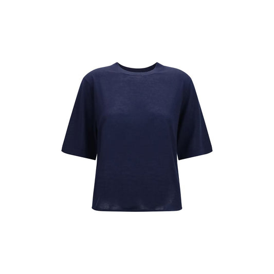 T-Shirt by Loulou De Saison for women in cashmere & capra leather blue features an on trend silhouette, perfectly showcasing a on trend short-sleeve and crew neckline for an elevated aesthetic.