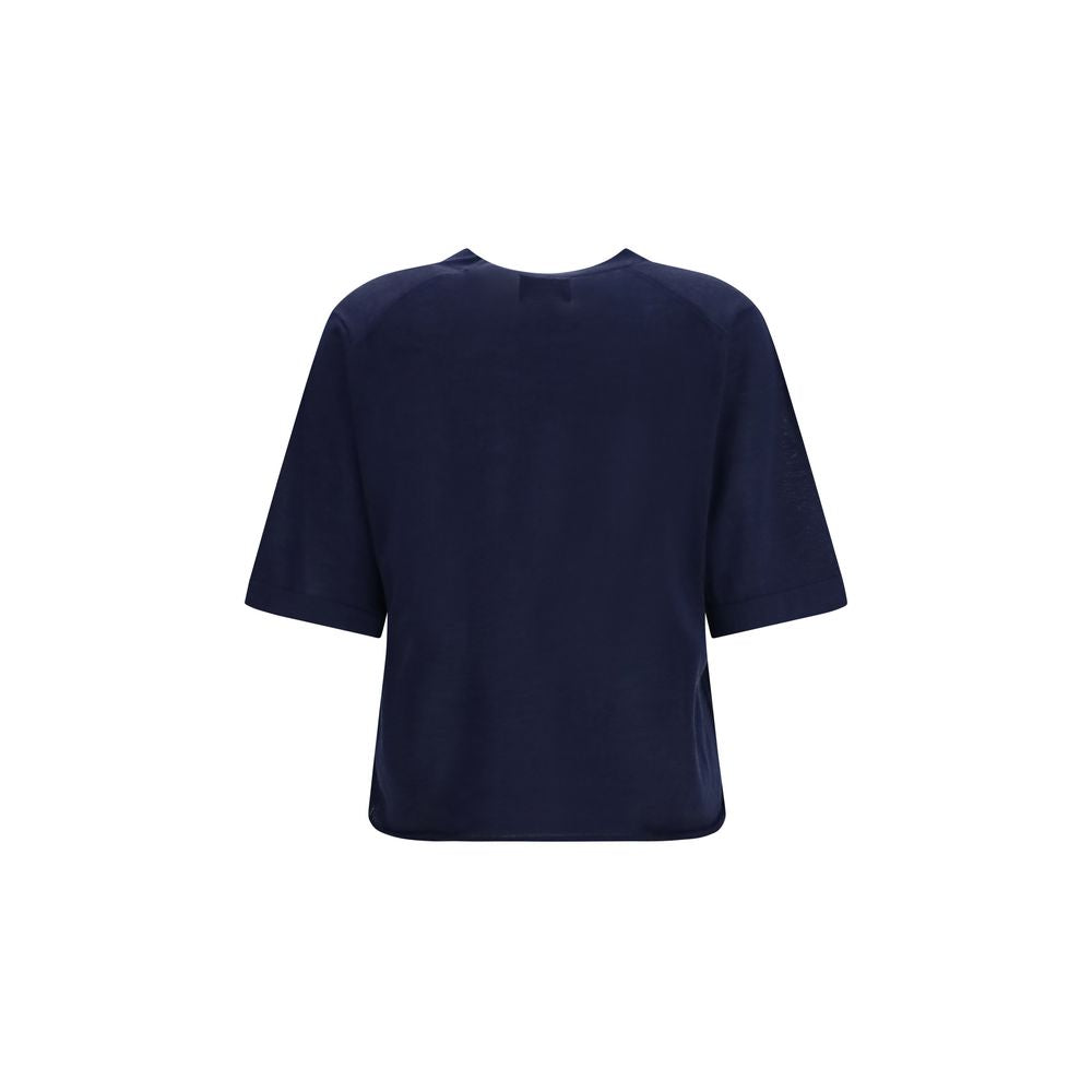 T-Shirt by Loulou De Saison for women in cashmere & capra leather blue showcases a dramatic silhouette, elegantly detailed with a dramatic crew neckline and for a truly dramatic finish.