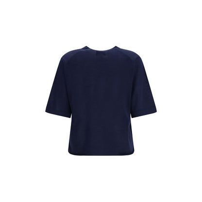 T-Shirt by Loulou De Saison for women in cashmere & capra leather blue showcases a dramatic silhouette, elegantly detailed with a dramatic crew neckline and for a truly dramatic finish.