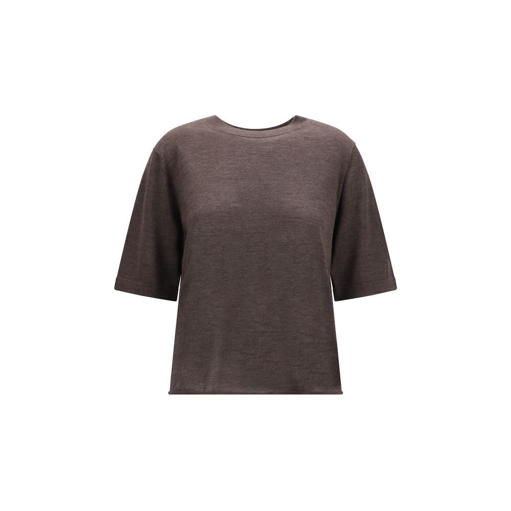 T-Shirt by Loulou De Saison for women in cashmere & capra leather brown showcases a chic silhouette, artfully detailed with a chic crew neckline and short-sleeve for a chic finish.