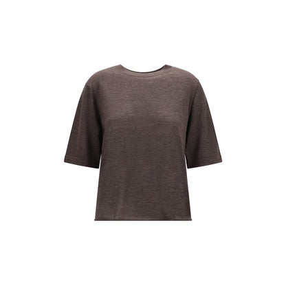 T-Shirt by Loulou De Saison for women in cashmere & capra leather brown showcases a chic silhouette, artfully detailed with a chic crew neckline and short-sleeve for a chic finish.