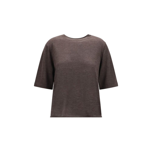 T-Shirt by Loulou De Saison for women in cashmere & capra leather brown showcases a chic silhouette, artfully detailed with a chic crew neckline and short-sleeve for a chic finish.