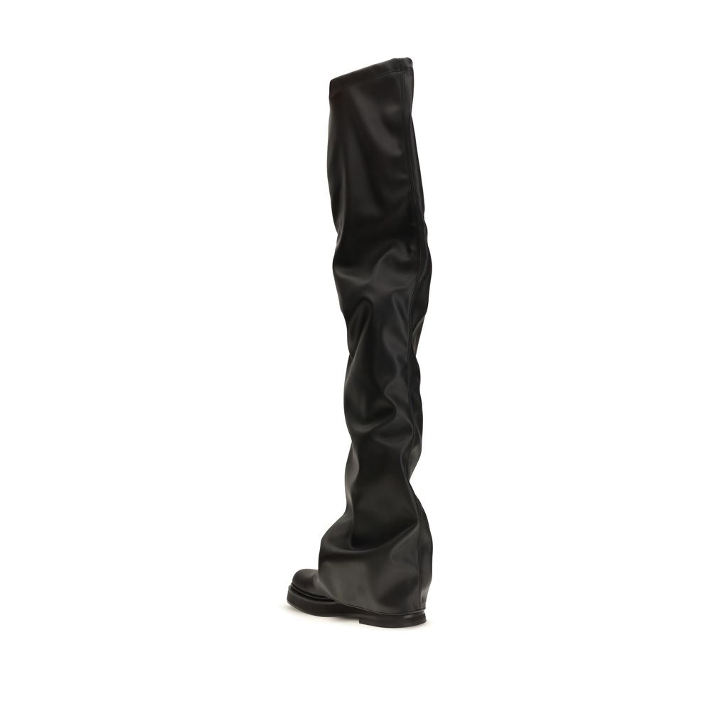 Platform Long Over-The-Knee Boots by The Attico for women in polyester polyurethane tu leather black showcases a ergonomic silhouette from the Women's Polyester Polyurethane TU Leather Platform Long Over-The-Knee Boots collection, featuring a ergonomic platform and a ergonomic square toe style.