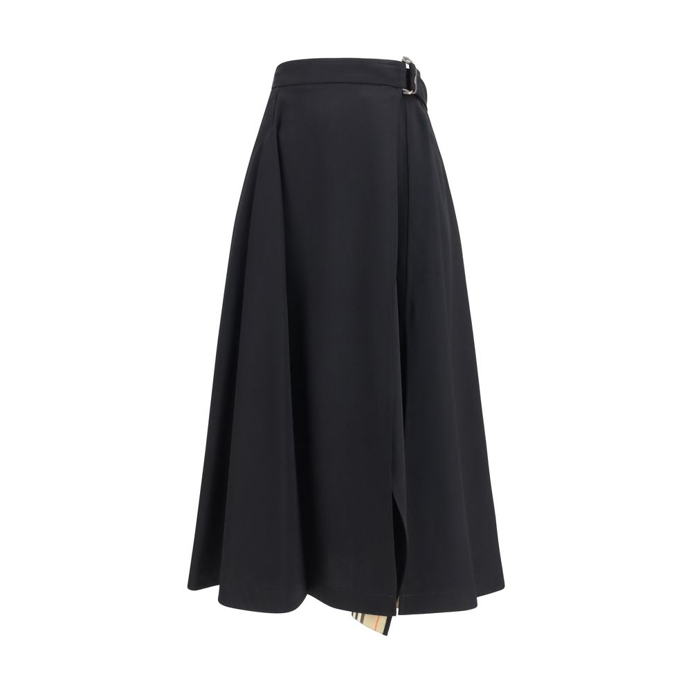 Skirt by Burberry for women in merino wool twill black & signature features a contoured silhouette from the Women's Flared High Rise Merino Wool Twill Midi Skirt collection, characterized by its contoured midi for a contoured finish.