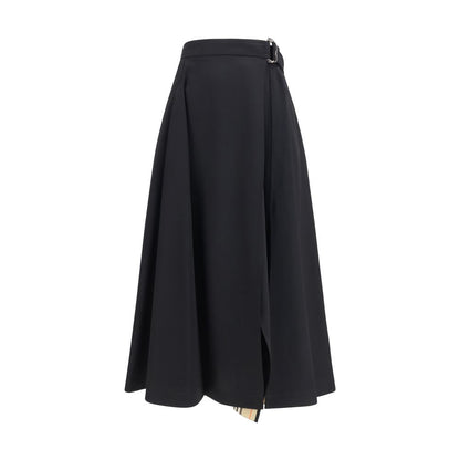 Skirt by Burberry for women in merino wool twill black & signature features a contoured silhouette from the Women's Flared High Rise Merino Wool Twill Midi Skirt collection, characterized by its contoured midi for a contoured finish.