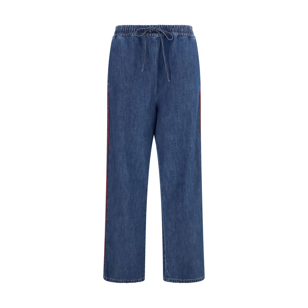 Casual Pants by Valentino Garavani for women in polyester cotton denim blue, red & striped features an refined tailoring silhouette, showcasing a premium straight-leg, relaxed-fit, wide & oversized with a and long cut for a refined tailoring look.