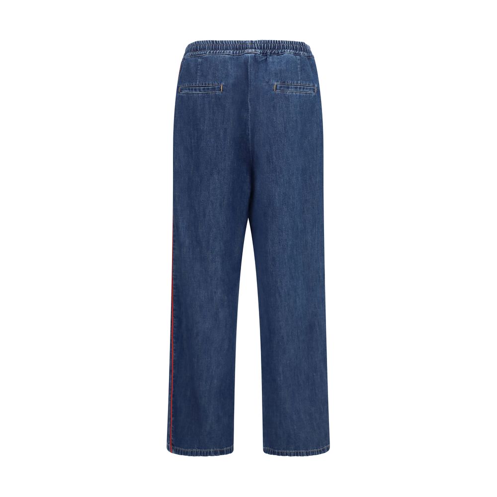 Casual Pants by Valentino Garavani for women in polyester cotton denim blue, red & striped features an refined tailoring silhouette, showcasing a premium straight-leg, relaxed-fit, wide & oversized with a and long cut for a refined tailoring look.