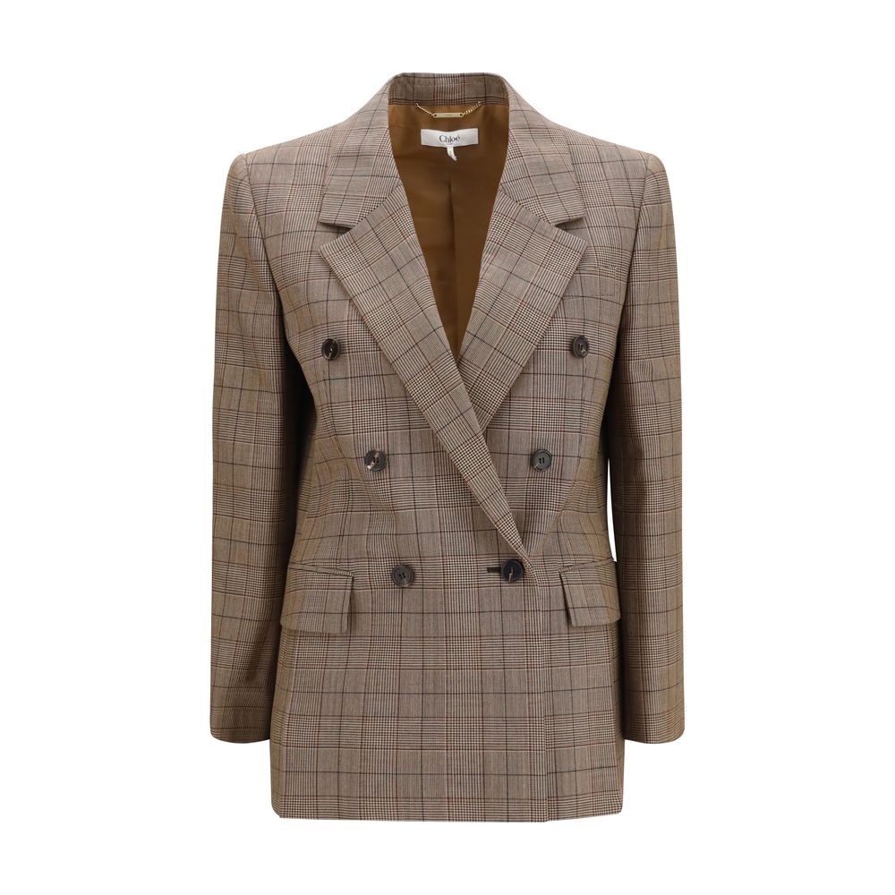 Blazer by Chloé for women in merino wool beige, patterned & checked showcases a discerning silhouette, elegantly detailed with a sophisticated and premium for a truly discerning finish.
