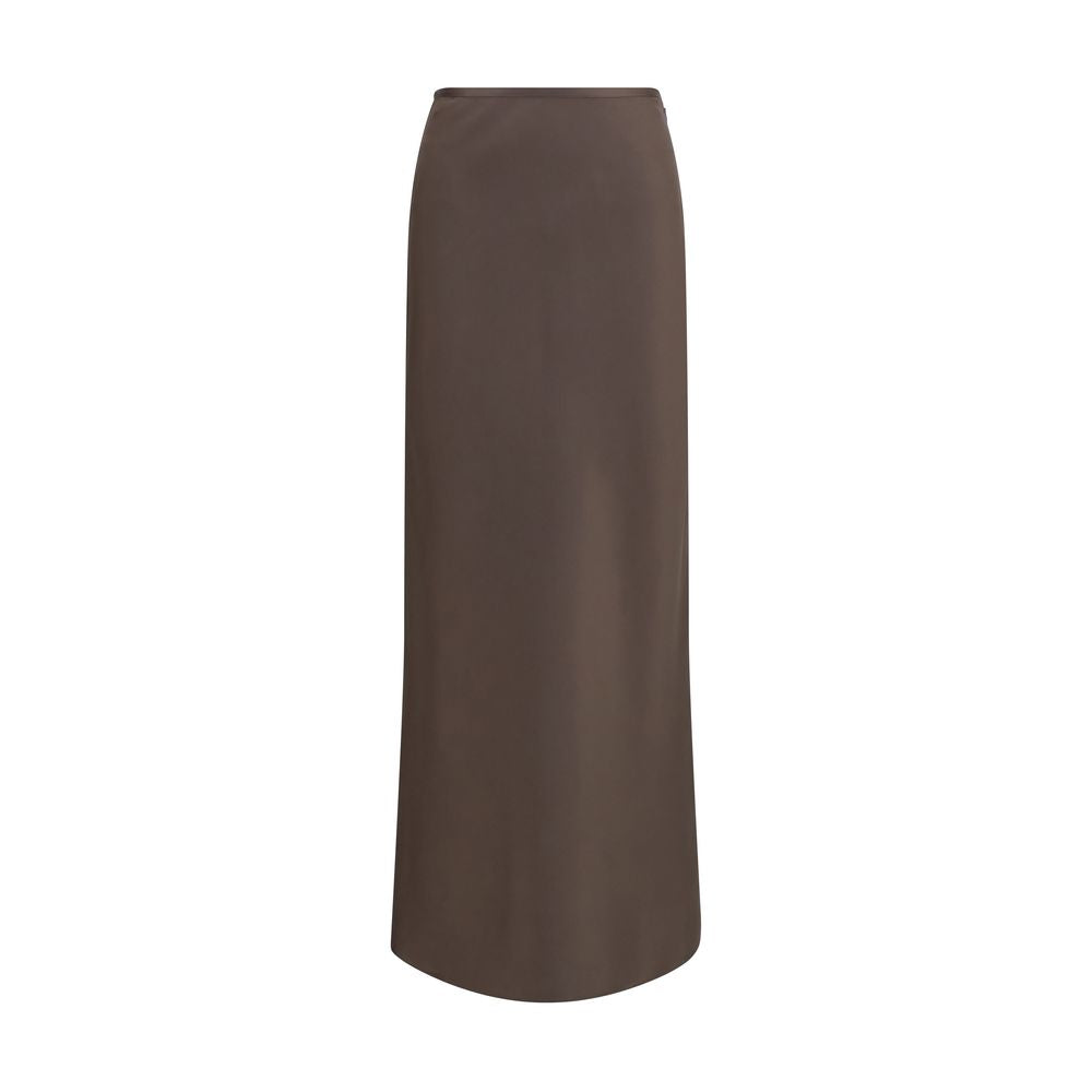 Skirt by Loulou De Saison for women in silk twill brown showcases a dramatic silhouette, artfully capturing the essence of the Lou Women's A Line Silk Twill Maxi Short Long Skirt in a dramatic maxi short long cut for a refined look.