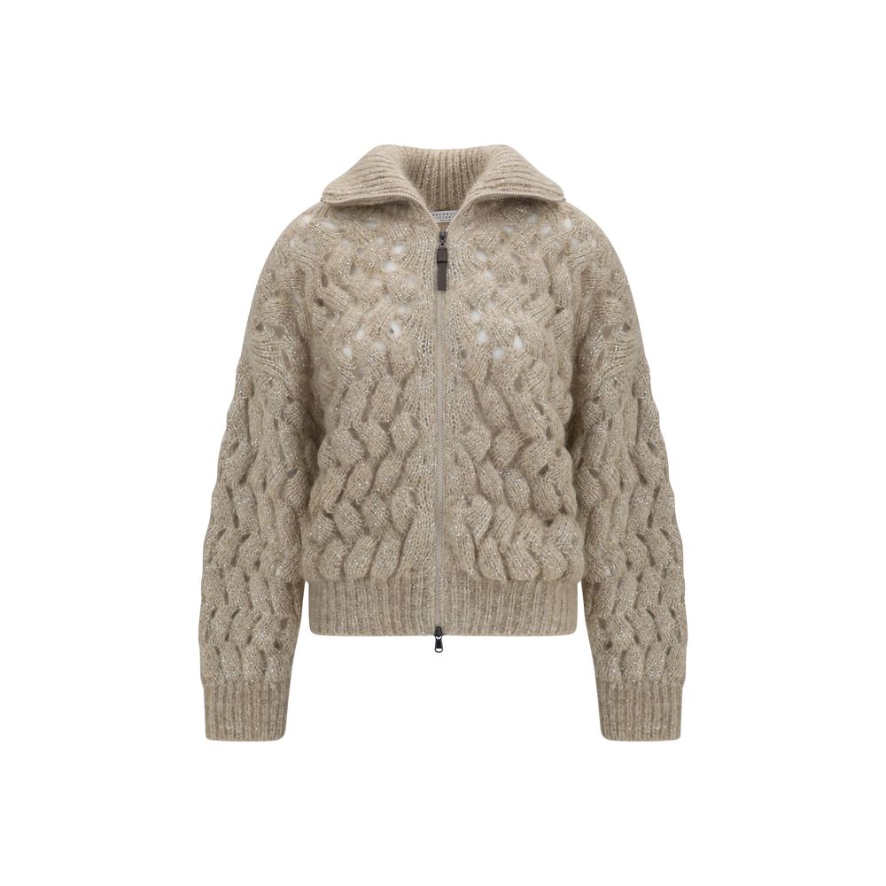 Cardigan by Brunello Cucinelli for women in polyamide mohair merino wool & sequins beige & patterned features an crisp silhouette, showcasing a sophisticated high-collar neckline and detail for a truly crisp finish.