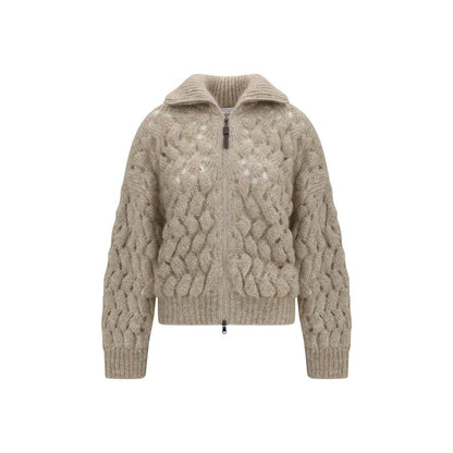 Cardigan by Brunello Cucinelli for women in polyamide mohair merino wool & sequins beige & patterned features an crisp silhouette, showcasing a sophisticated high-collar neckline and detail for a truly crisp finish.
