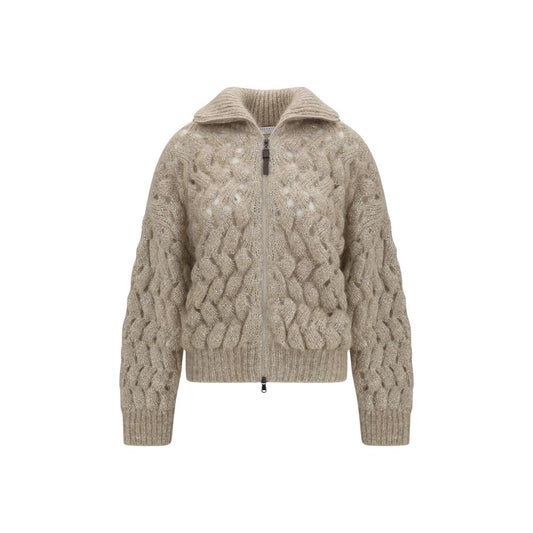 Cardigan by Brunello Cucinelli for women in polyamide mohair merino wool & sequins beige & patterned features an crisp silhouette, showcasing a sophisticated high-collar neckline and detail for a truly crisp finish.