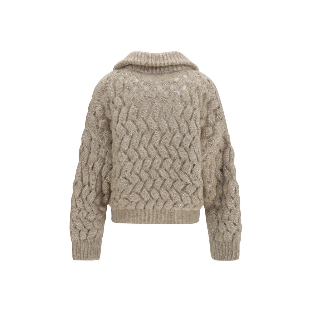 Cardigan by Brunello Cucinelli for women in polyamide mohair merino wool & sequins beige & patterned presents a textural silhouette, artfully finished with a textural high-collar neckline and for a sophisticated, textural look.