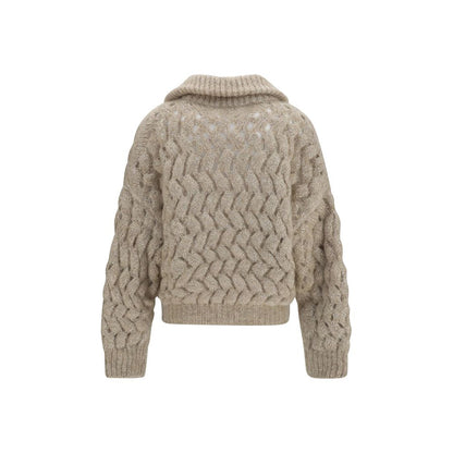 Cardigan by Brunello Cucinelli for women in polyamide mohair merino wool & sequins beige & patterned presents a textural silhouette, artfully finished with a textural high-collar neckline and for a sophisticated, textural look.