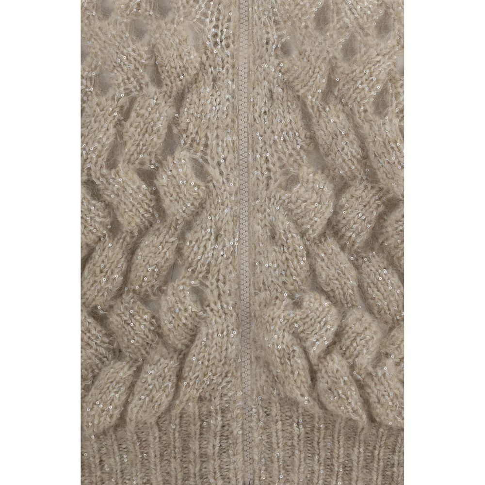 Cardigan by Brunello Cucinelli for women in polyamide mohair merino wool & sequins beige & patterned showcases a captivating silhouette, artfully detailed with a captivating and for a truly sophisticated captivating look.