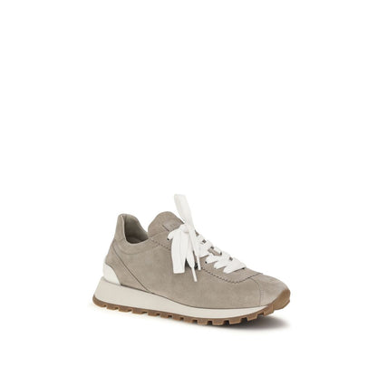 Athletic Sneakers by Brunello Cucinelli for women in bos taurus calf leather blue showcases a architectural silhouette, artfully capturing the essence of the Women's Athletic Bos Taurus Calf Leather Sneakers with its signature architectural athletic style construction.