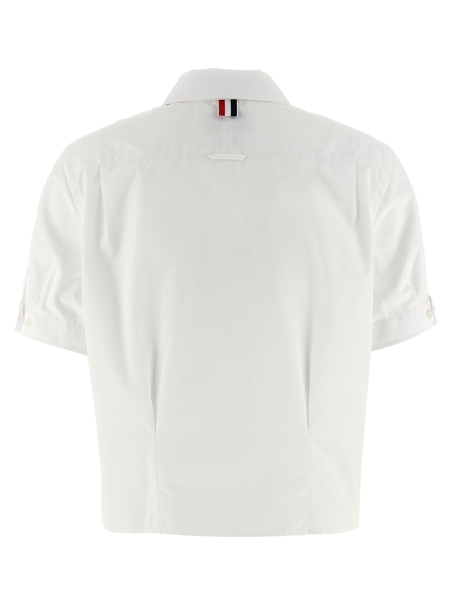 Blouse by Thom Browne for women in cotton white showcases a sleek silhouette, elegantly detailed with a sleek and for a sleek finish.