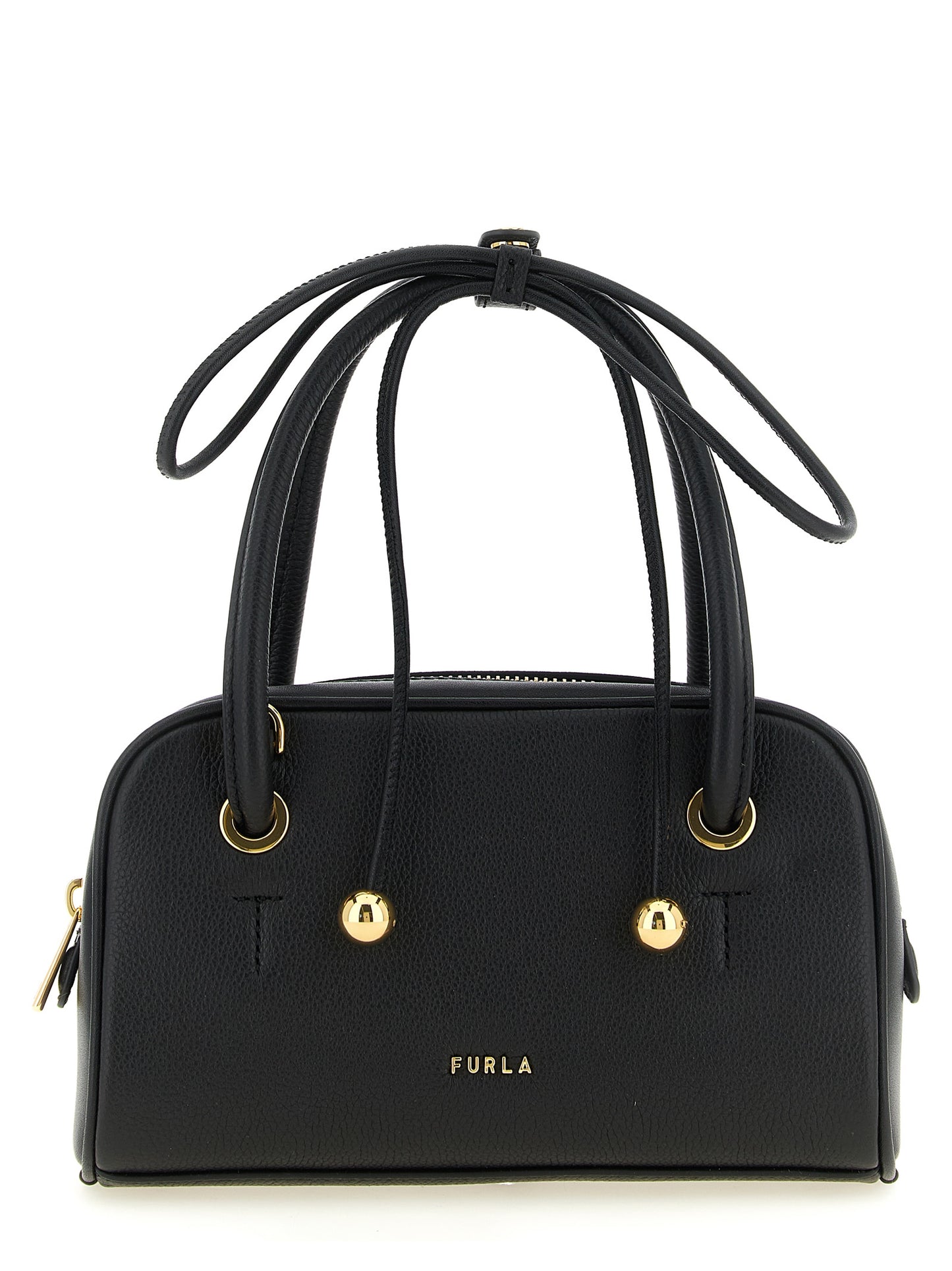 This Compact Handbag by Furla for women in bos taurus calf suede leather and black & gold presents a sculptural silhouette featuring a secure zipper, ample , and versatile shoulder-strap, adjustable-strap & handle for a sculptural finish.