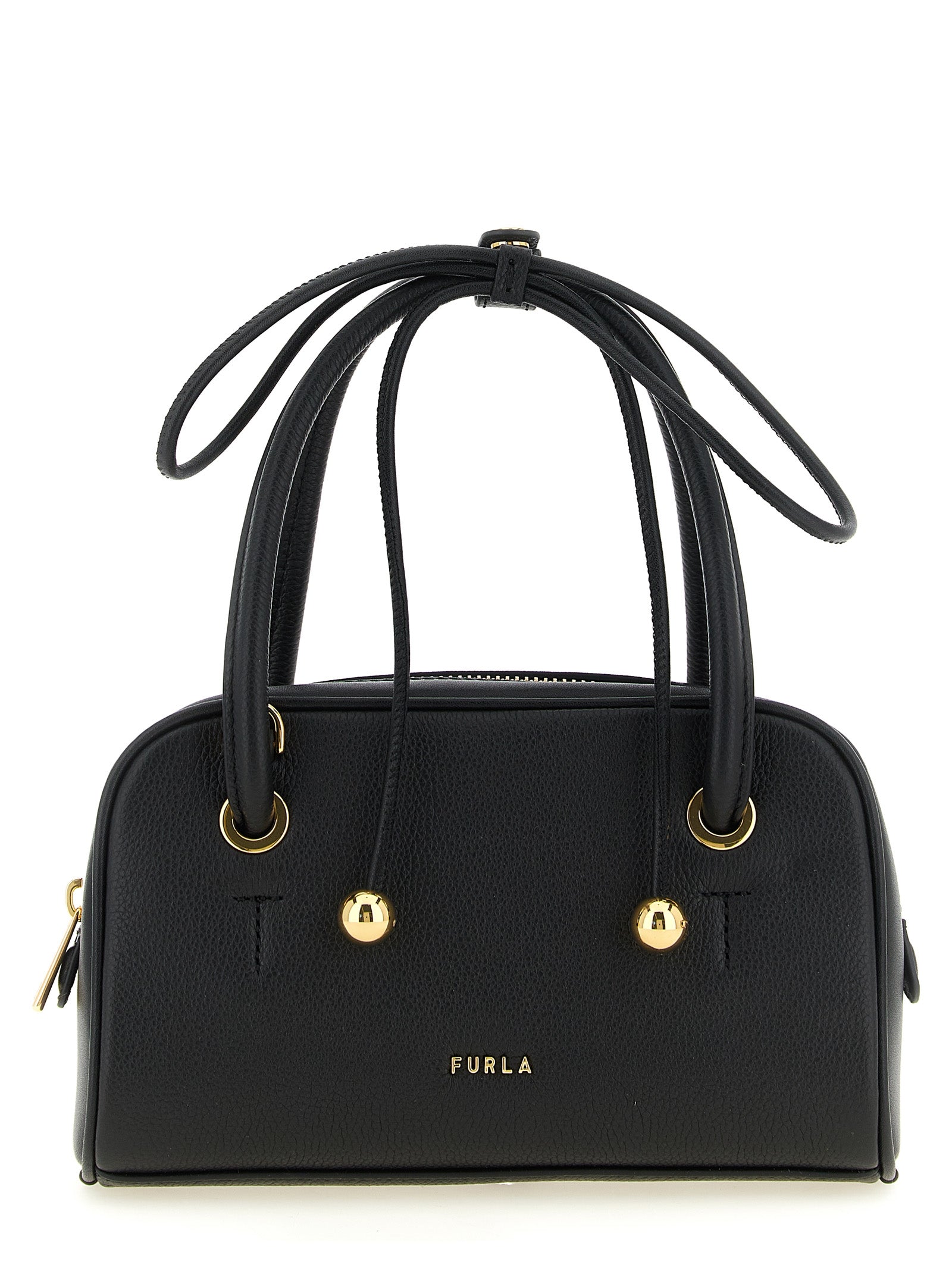 This Compact Handbag by Furla for women in bos taurus calf suede leather and black & gold presents a sculptural silhouette featuring a secure zipper, ample , and versatile shoulder-strap, adjustable-strap & handle for a sculptural finish.