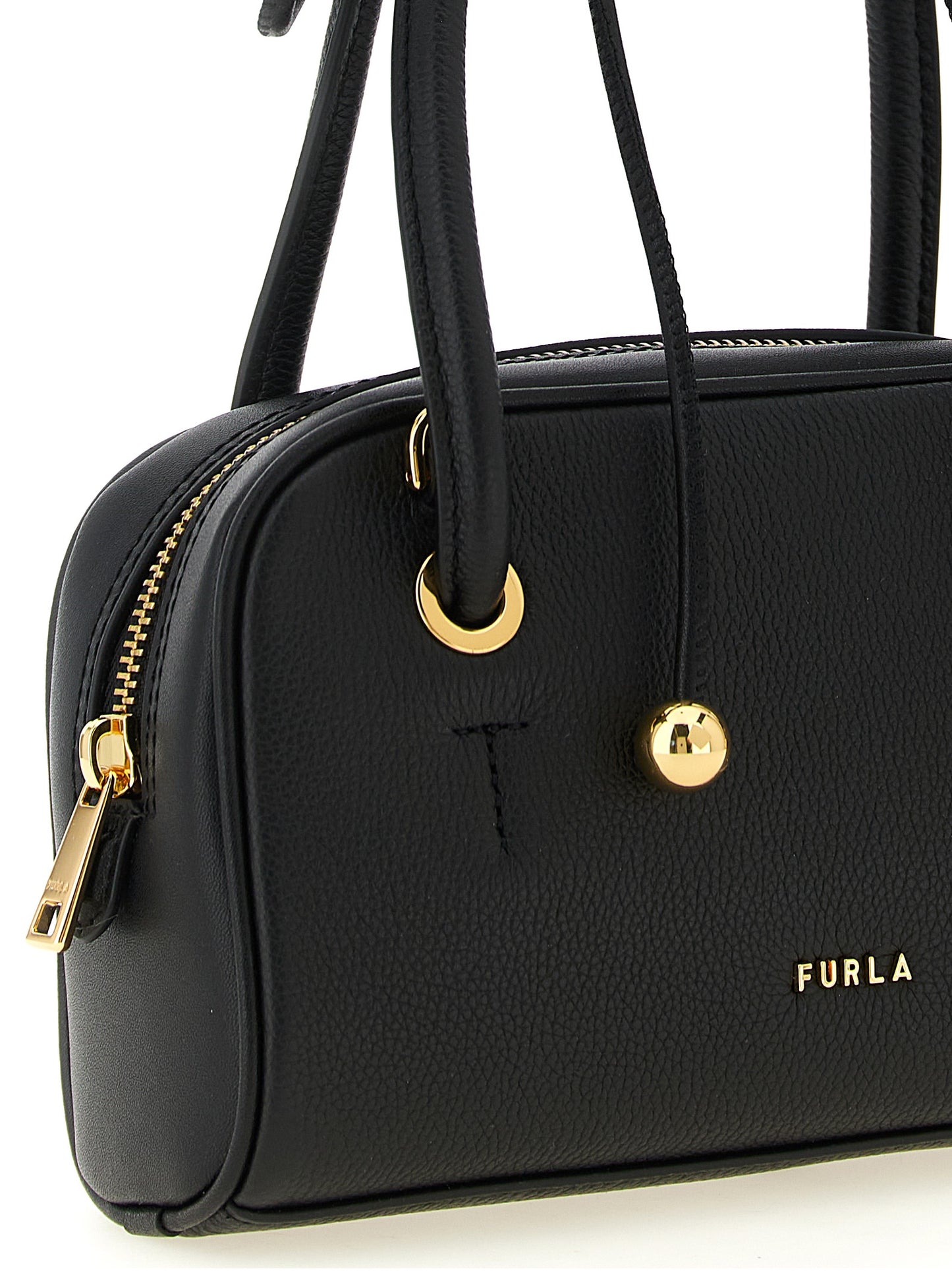 Compact Handbag by Furla for women in bos taurus calf suede leather black & gold features a refined silhouette, showcasing a secure zipper, organized , and versatile shoulder-strap, adjustable-strap & handle for a refined finish.