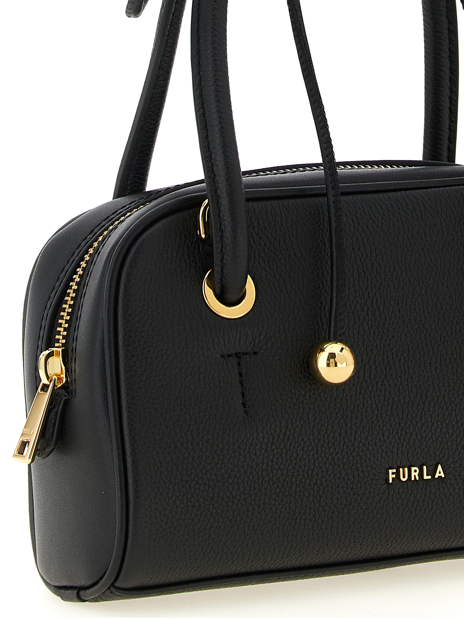 Compact Handbag by Furla for women in bos taurus calf suede leather black & gold features a refined silhouette, showcasing a secure zipper, organized , and versatile shoulder-strap, adjustable-strap & handle for a refined finish.