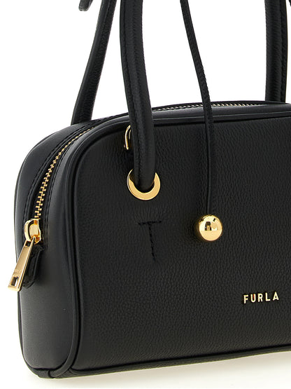 Compact Handbag by Furla for women in bos taurus calf suede leather black & gold features a refined silhouette, showcasing a secure zipper, organized , and versatile shoulder-strap, adjustable-strap & handle for a refined finish.