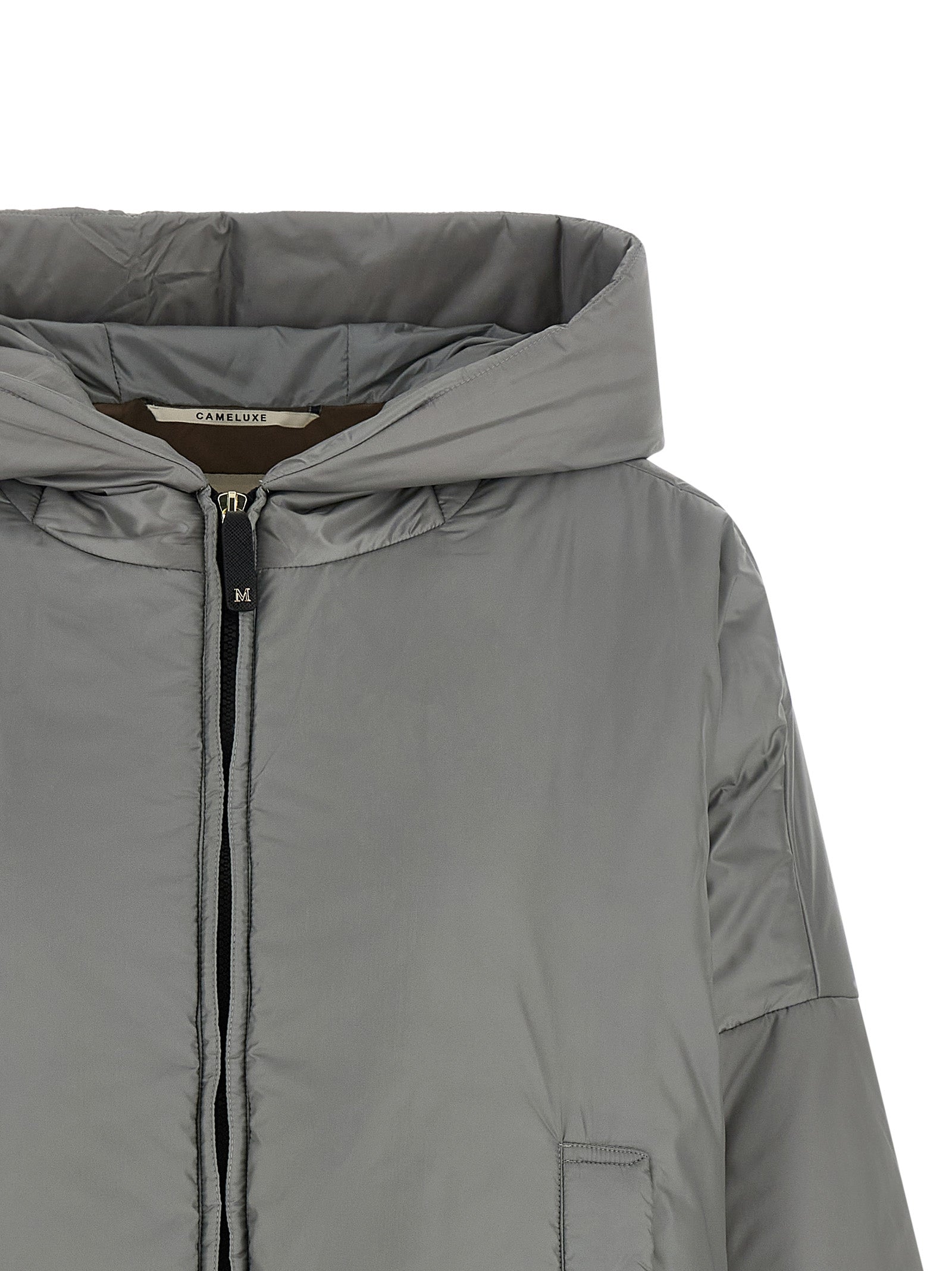 Windbreaker Jacket by Max Mara for women in polyester canvas gray, gold & signature showcases a modern silhouette, integrating windproof and a modern for a sophisticated finish.