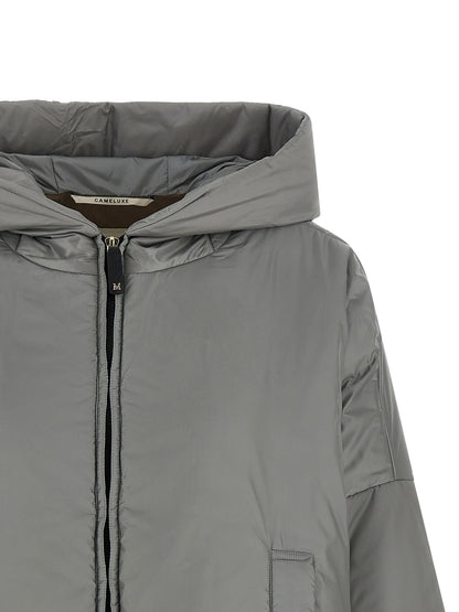 Windbreaker Jacket by Max Mara for women in polyester canvas gray, gold & signature showcases a modern silhouette, integrating windproof and a modern for a sophisticated finish.