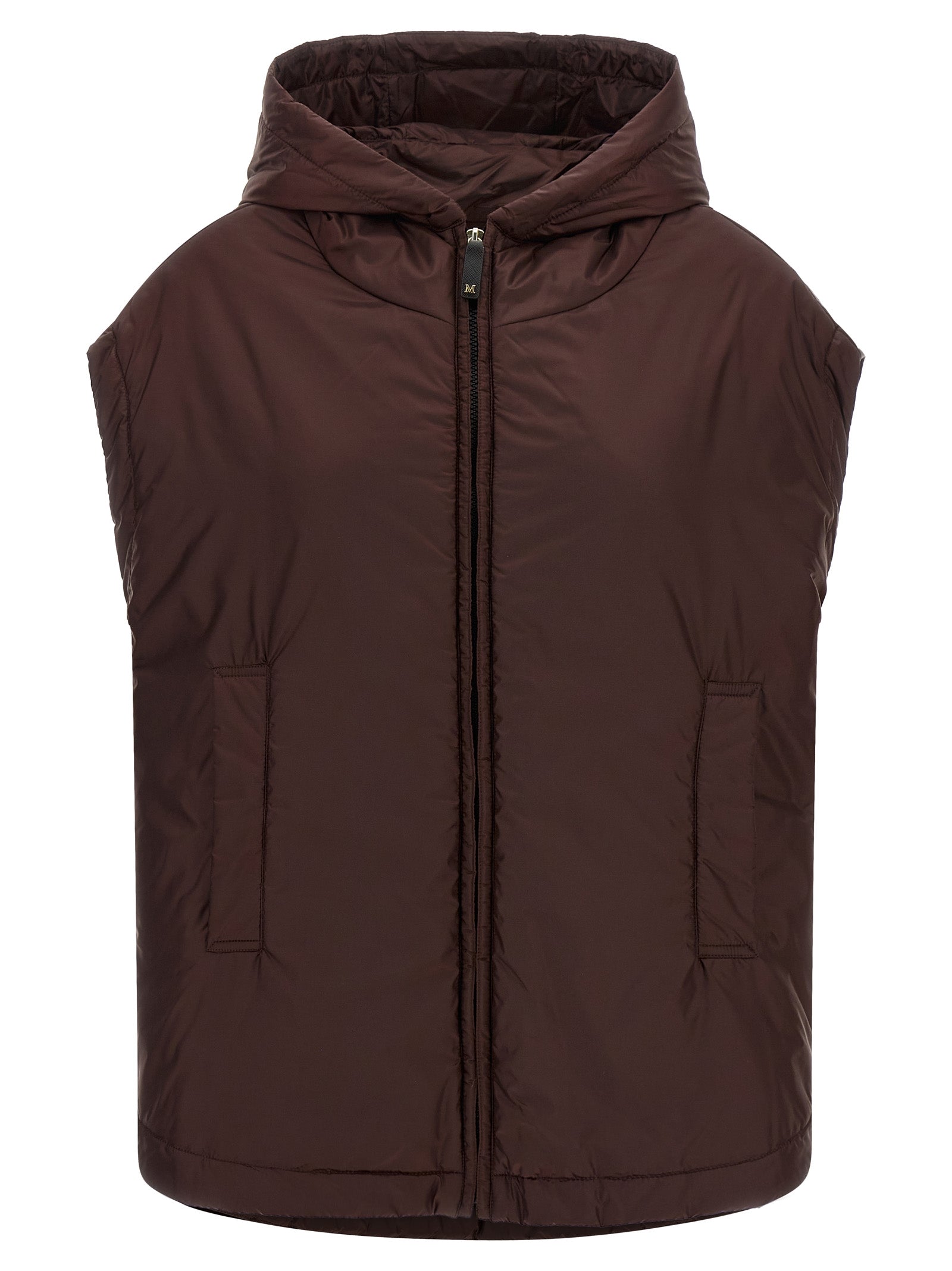 Hooded Vest by Max Mara for women in polyester bordeaux & signature showcases a utilitarian silhouette, artfully incorporating thermal, pockets & hooded and a utilitarian hooded neckline for a truly utilitarian finish.