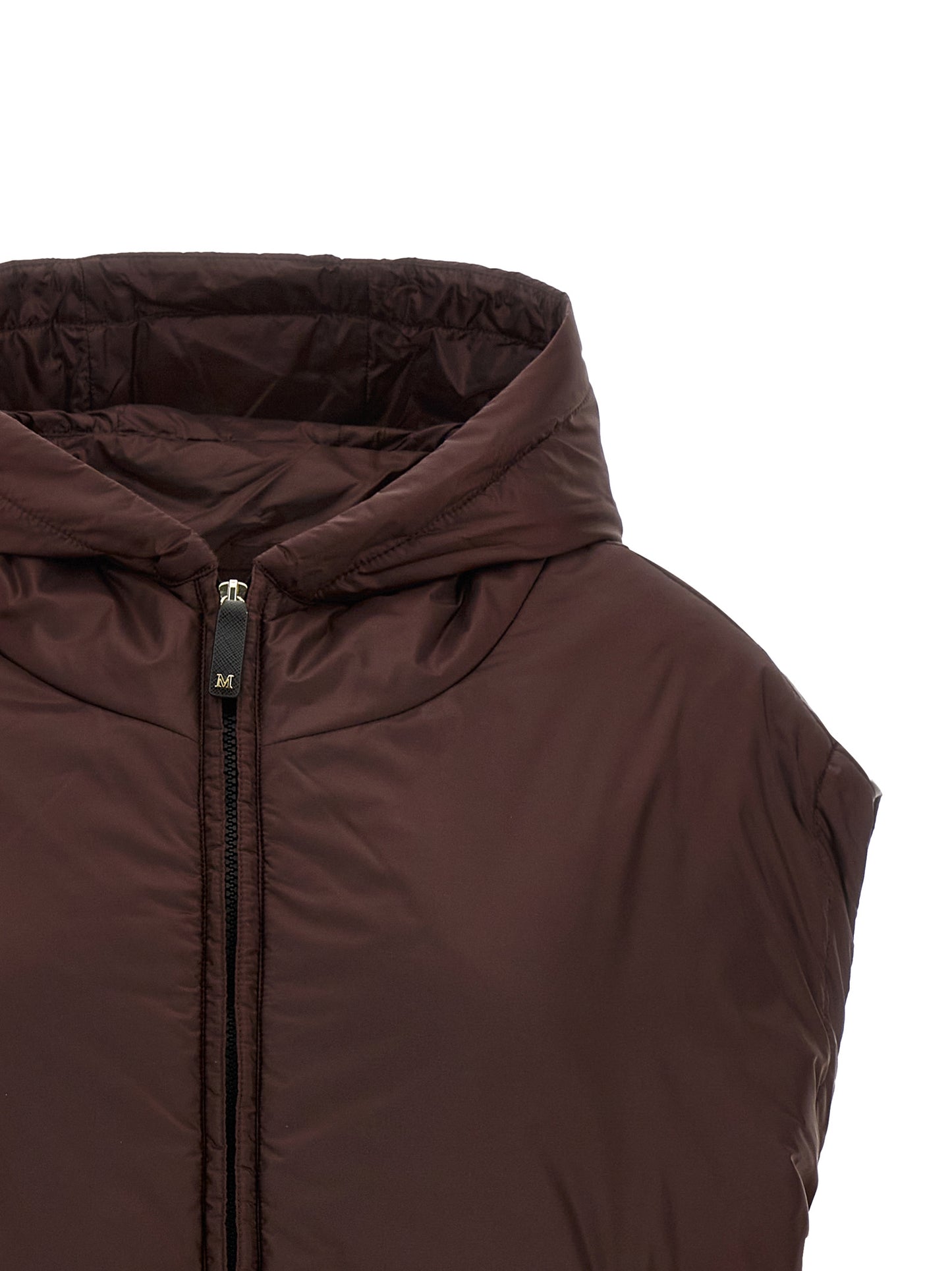 Hooded Vest by Max Mara for women in polyester bordeaux & signature showcases a dynamic silhouette, perfectly balancing thermal, pockets & hooded with a dynamic hooded neckline for a sophisticated, high-fashion look.