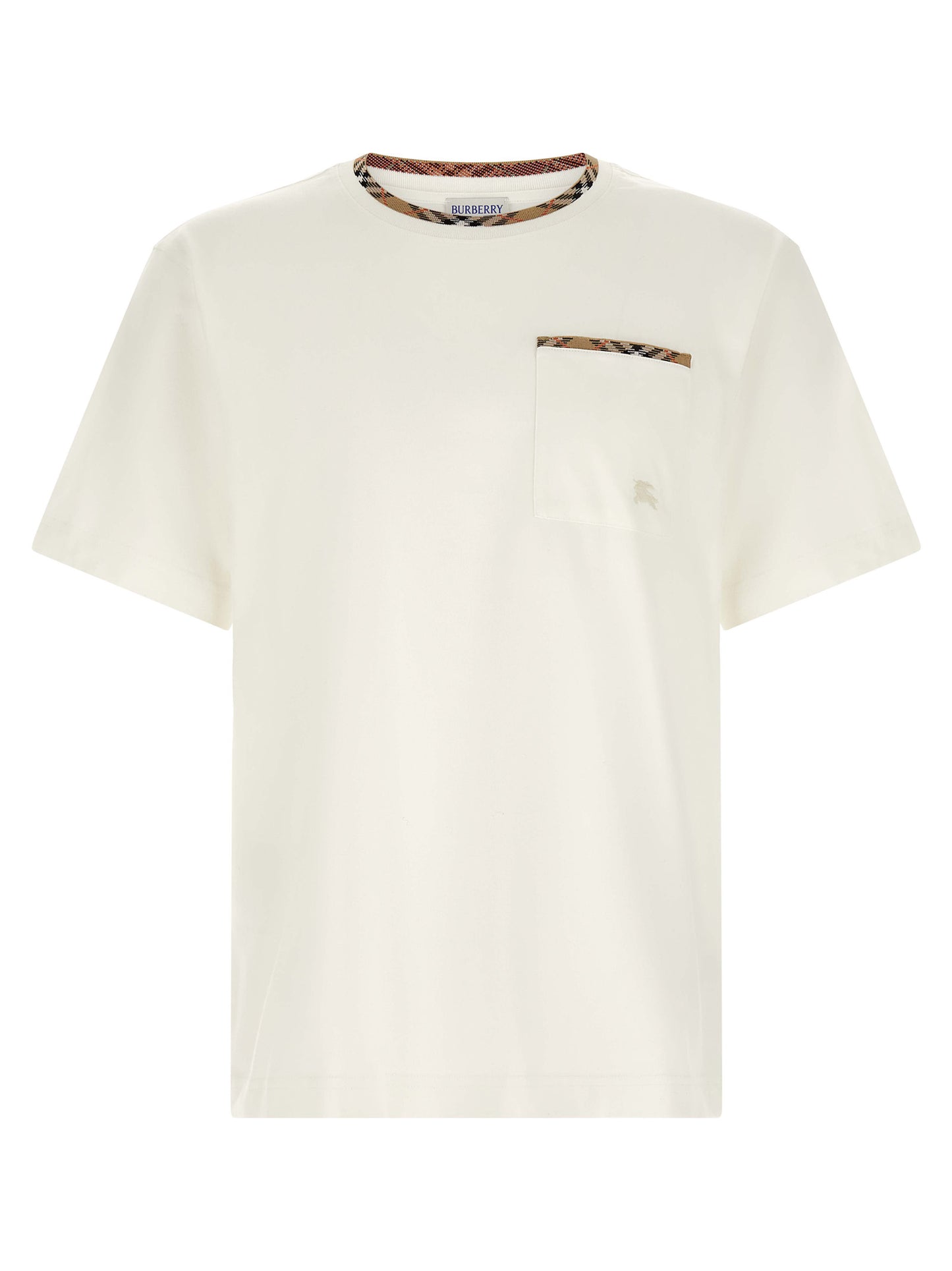 T-Shirt by Burberry for men in cotton white, patterned & signature features a plush silhouette, showcasing a sophisticated crew neckline and for a truly plush finish.
