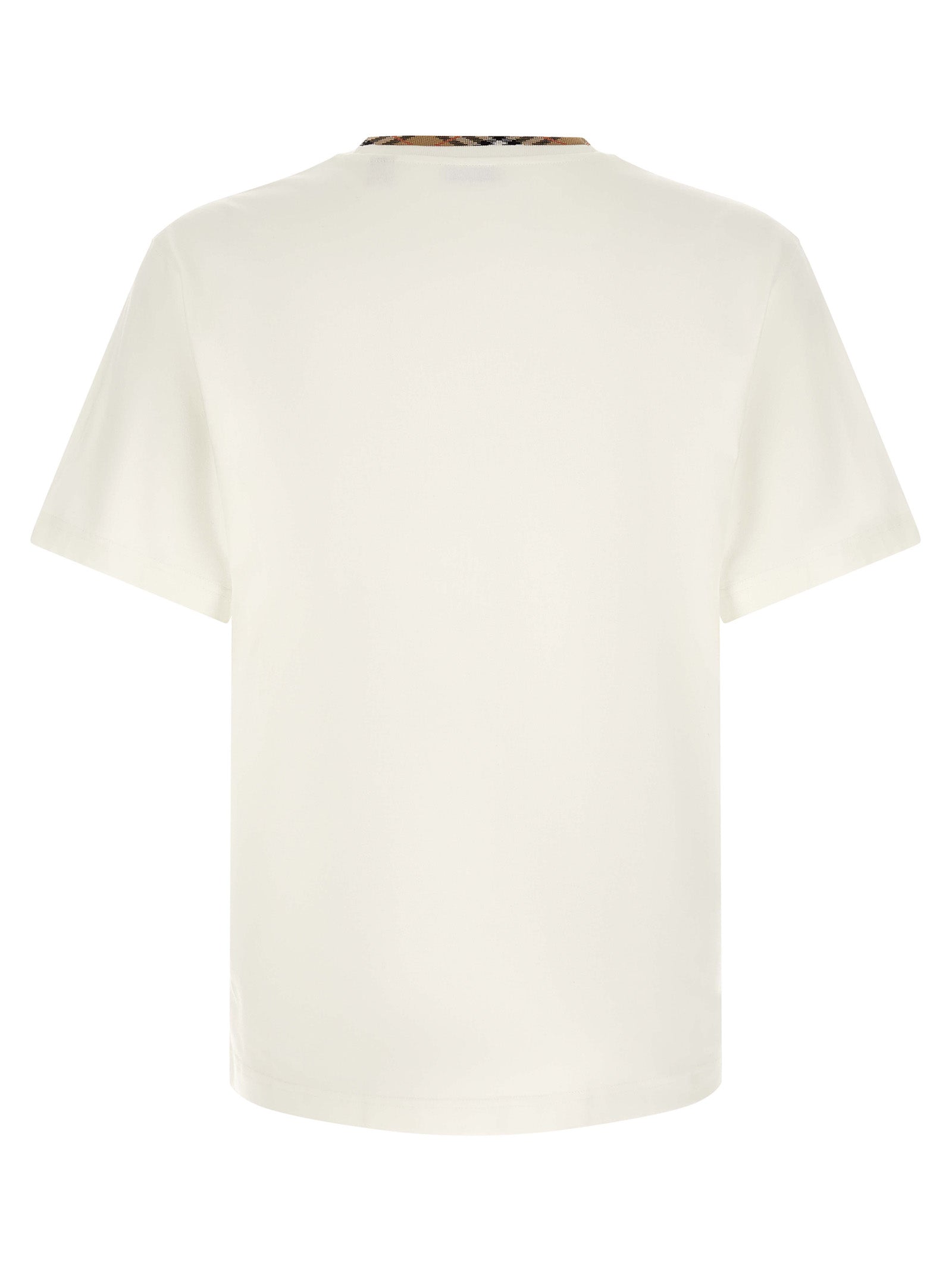 T-Shirt by Burberry for men in cotton white, patterned & signature showcases a dramatic silhouette, elegantly detailed with a dramatic crew neckline and for a truly dramatic finish.