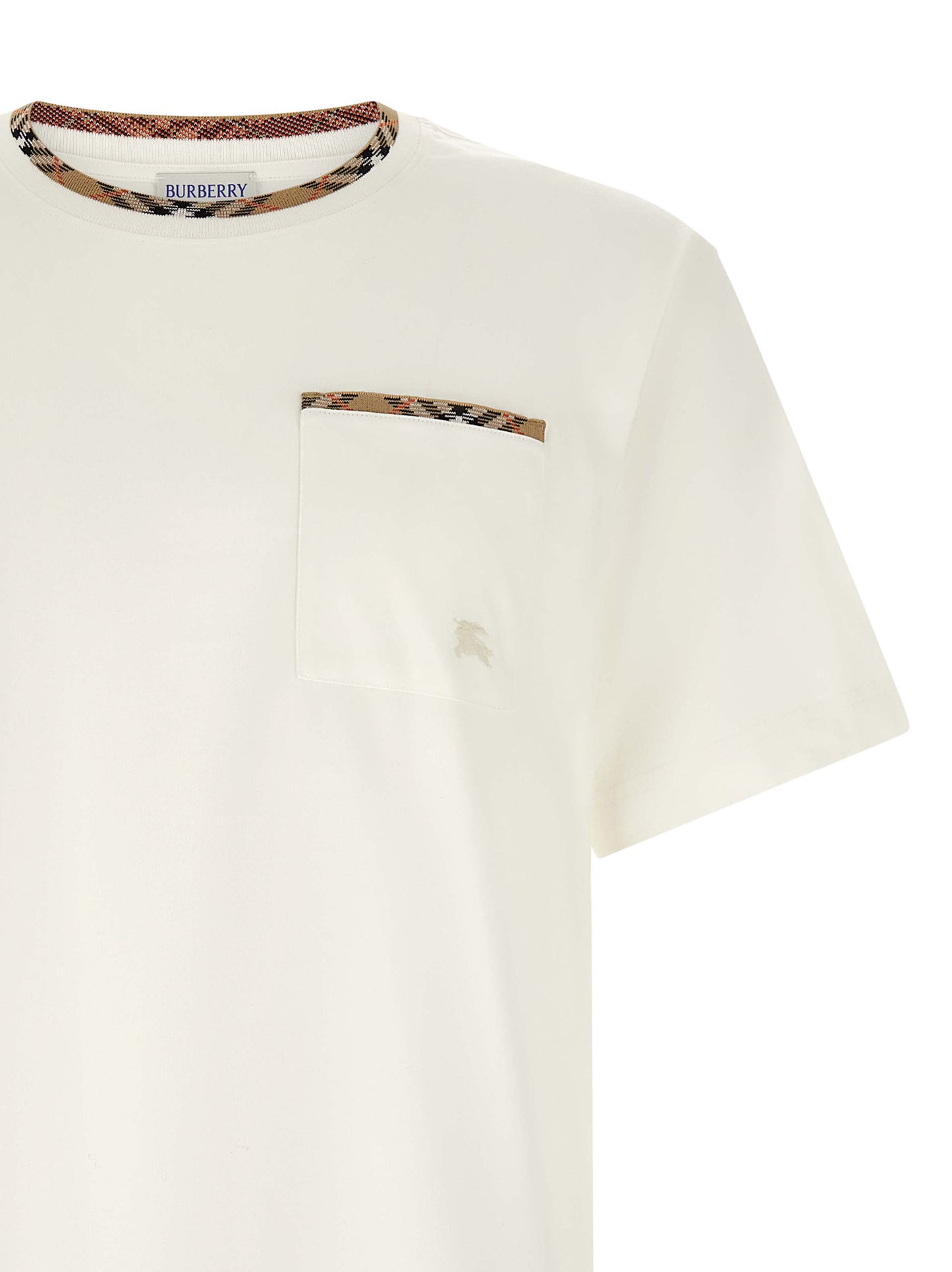 T-Shirt by Burberry for men in cotton white, patterned & signature showcases a fashionable silhouette, elegantly detailed with a fashionable and for a sophisticated, high-fashion look.