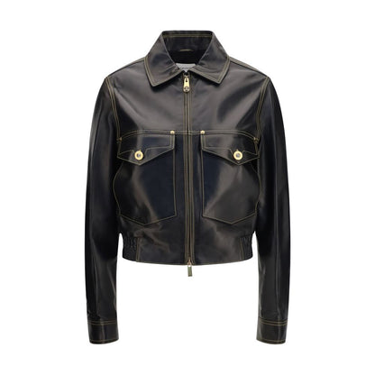 Jacket by Versace for women in nappa leather black showcases a contemporary silhouette, detailed with a contemporary shirt-collar neckline and premium pockets for a sophisticated finish.