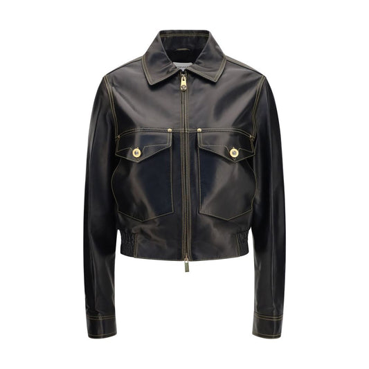 Jacket by Versace for women in nappa leather black showcases a contemporary silhouette, detailed with a contemporary shirt-collar neckline and premium pockets for a sophisticated finish.