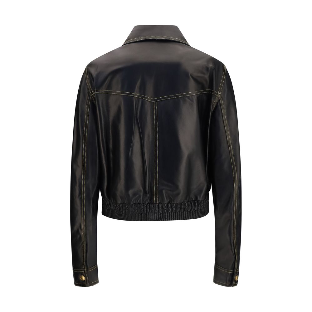 Jacket by Versace for women in nappa leather black features a smart silhouette, perfectly accentuated by its unique shirt-collar neckline and functional pockets for a smart finish.