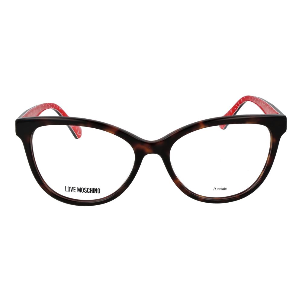 Eyeglasses Frames by Love Moschino for women in acetate brown showcases a reflective silhouette, artfully incorporating a sophisticated brown coloured frame with a distinct full-frame frame design.