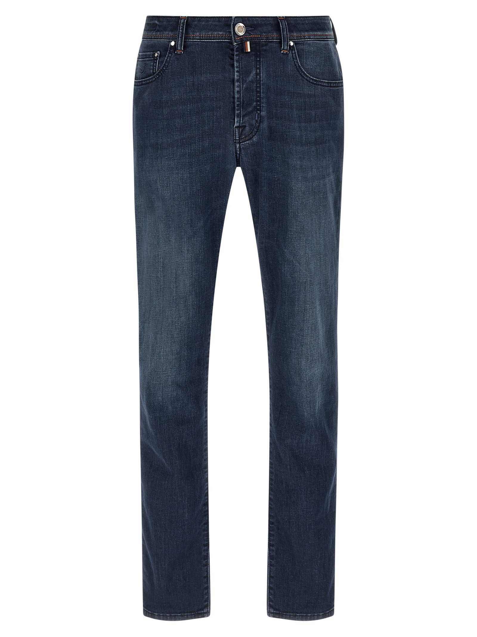 Jeans by Jacob Cohen for men in stretch denim cotton blue features a polished silhouette with a polished straight-leg & slim, reaching a polished long and finished with a polished mid rise.