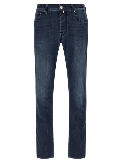 Jeans by Jacob Cohen for men in stretch denim cotton blue features a polished silhouette with a polished straight-leg & slim, reaching a polished long and finished with a polished mid rise.