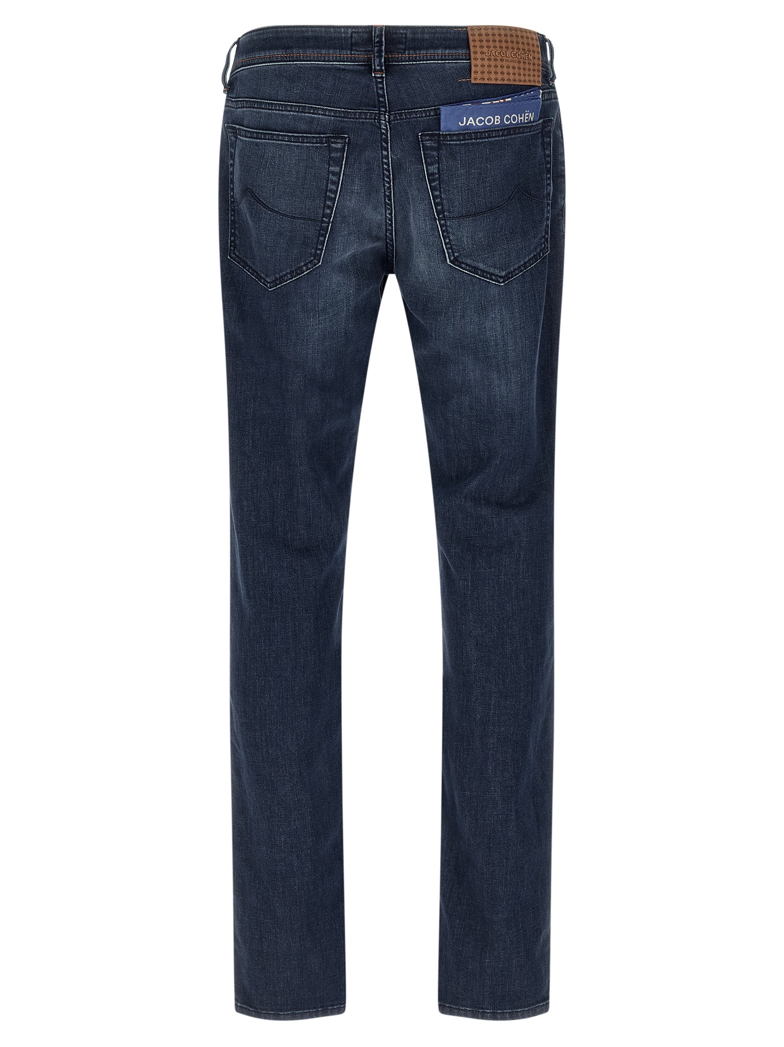Jeans by Jacob Cohen for men in stretch denim cotton blue features a polished silhouette with a polished straight-leg & slim, reaching a polished long and finished with a polished mid rise.